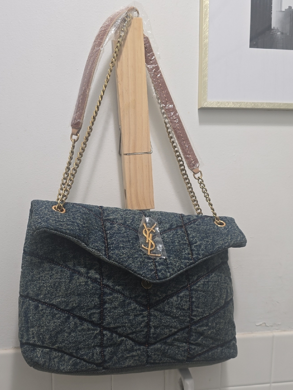 Delux Denim Toy Puffer Large Crossbody Light Blue Chain Bag w/gold Tone Rodeo